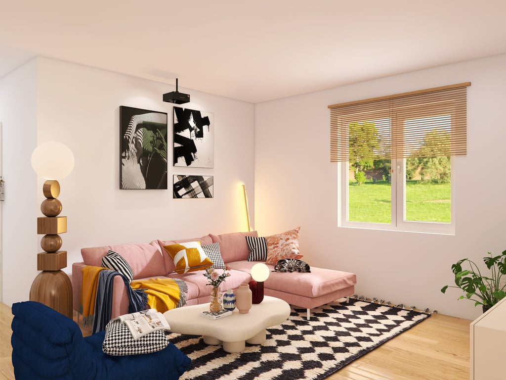 Diseño de sala de estar moderna con sofá rosa, alfombra geométrica y detalles decorativos amarillos.