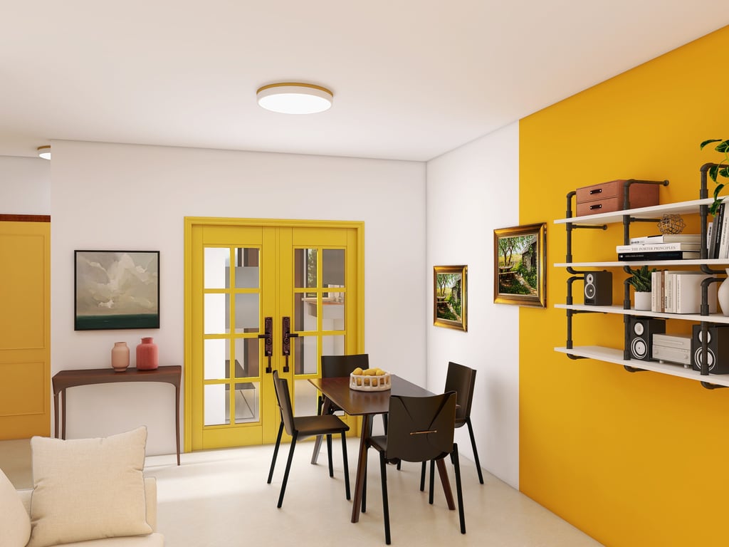 Diseño de comedor moderno con paredes de acento amarillo y estantería industrial de autor.