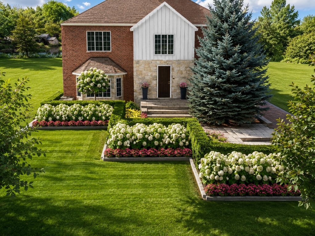 Luxury Toronto front yard landscape design with manicured lawn, white hydrangeas, stone walkway, and formal garden beds