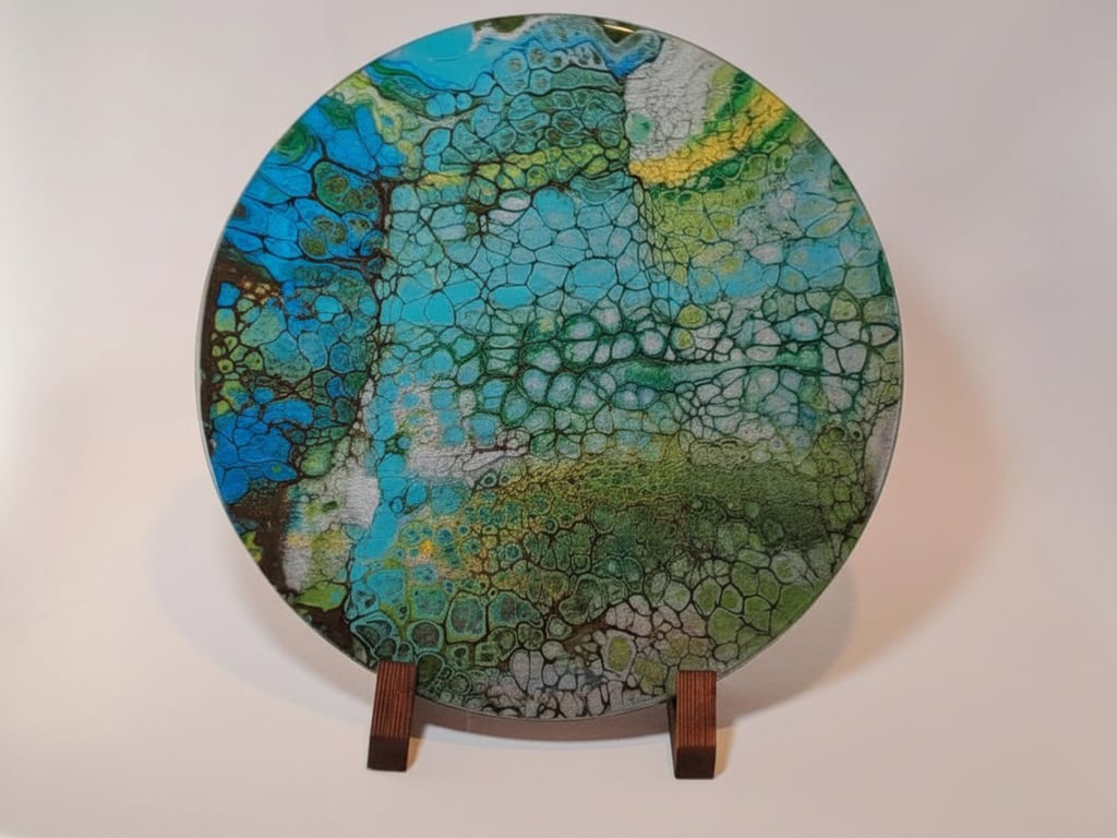 Round abstract acrylic pour painting with cell patterns in blue, green, and gold on a wooden stand.