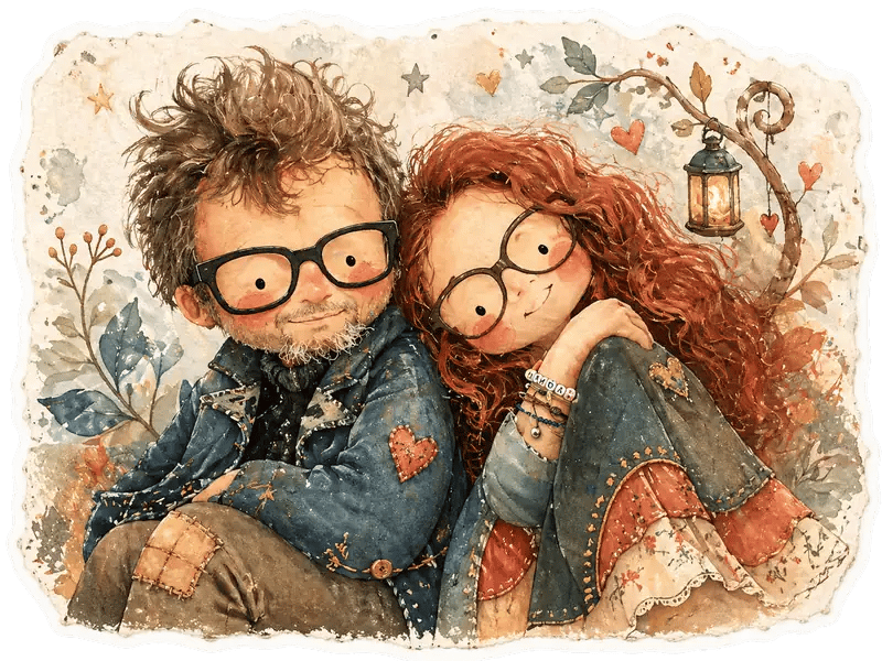 Ritratto illustrato di Fabio e Guendalina nello stile dei personaggi delle favole di Guance Rosse.