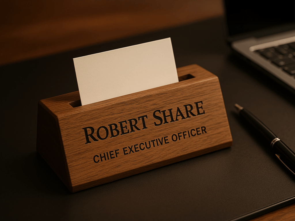 Wooden engraved CEO nameplate with pen. Office desk display for executives or business gifts.
