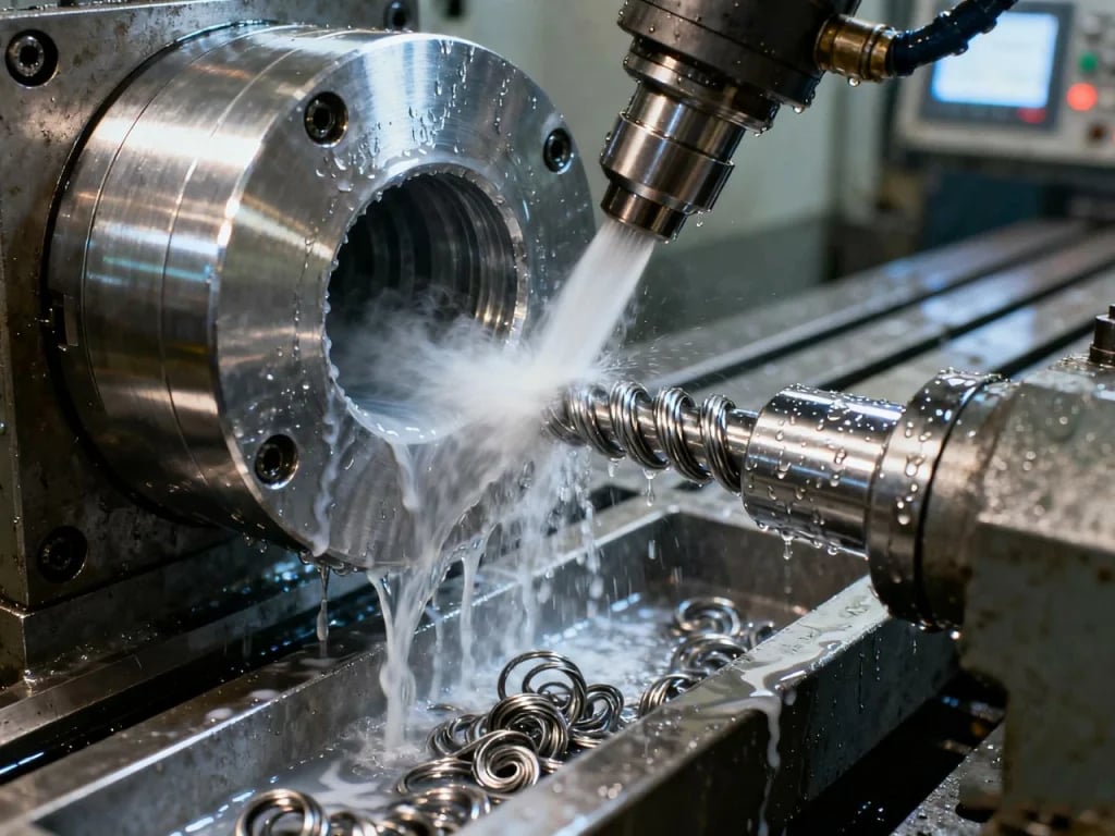 A high-precision CNC machine using liquid coolant to drill a metal part in an industrial factory setting.