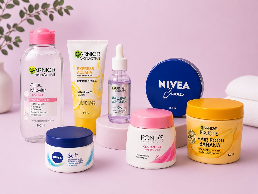 Selección de productos para el cuidado de la piel y el cabello de Garnier, Nivea y Pond's