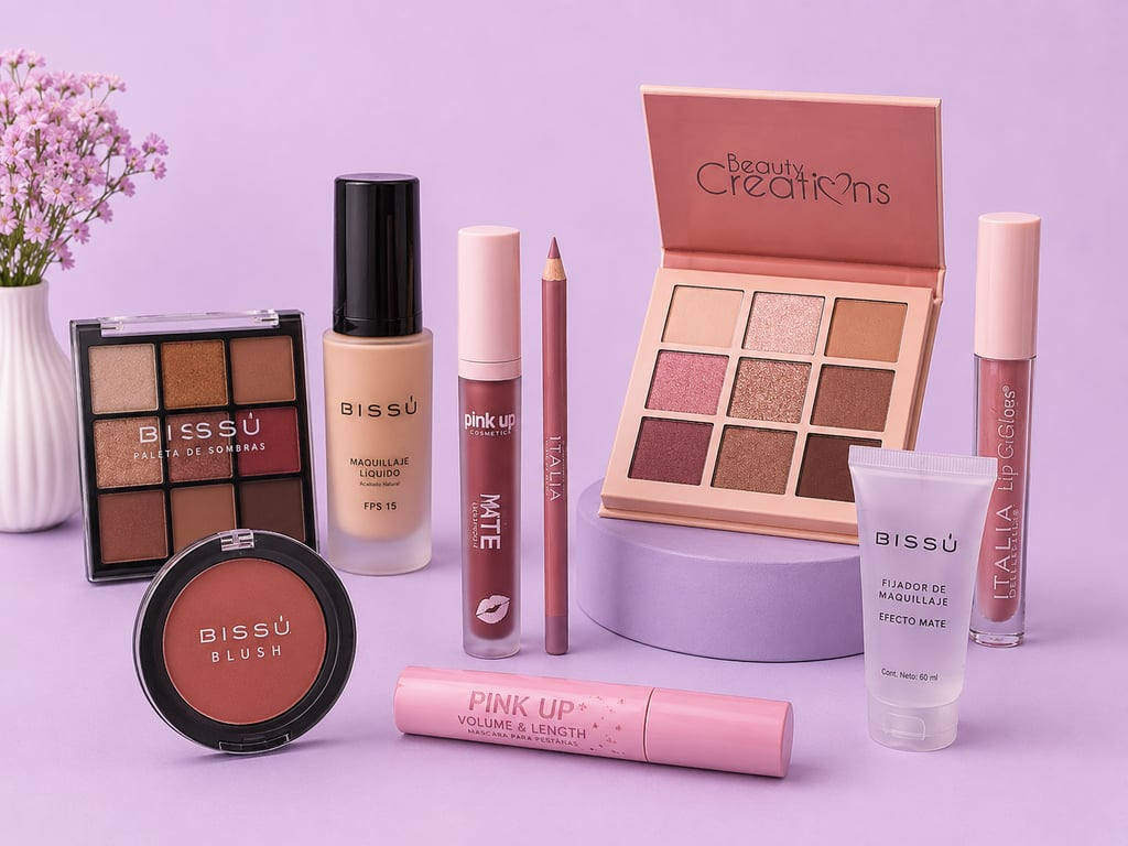 Surtido de cosméticos Beauty Creations y Bissu como paletas de sombras de ojos, base y labiales