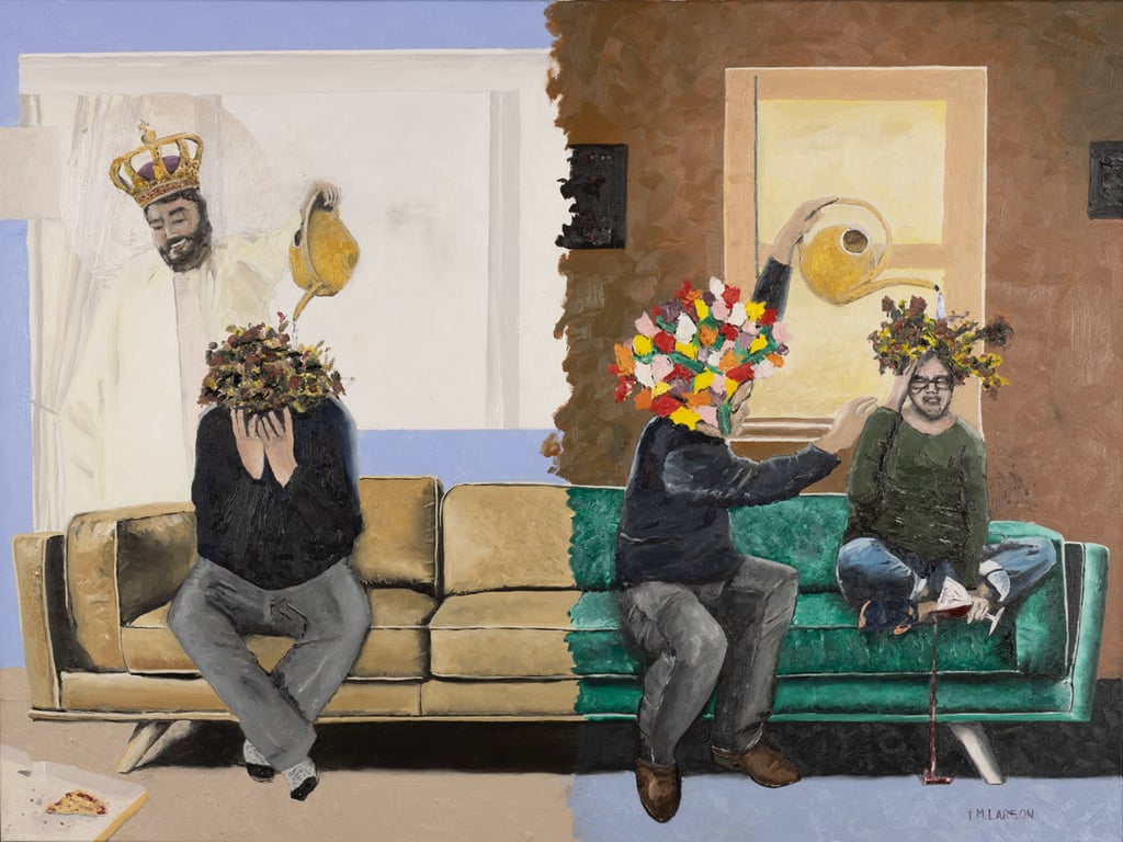 Christian inspired art. Jesus comforting a man who comforts another person