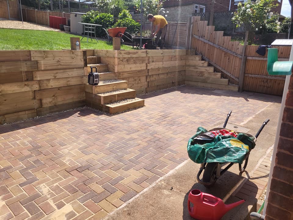Garden steps leading to patio in Worcester home