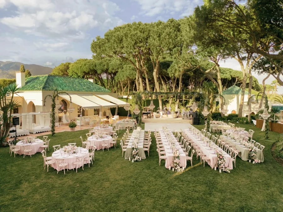 Wedding ceremony setup at Villa El Rincon gardens