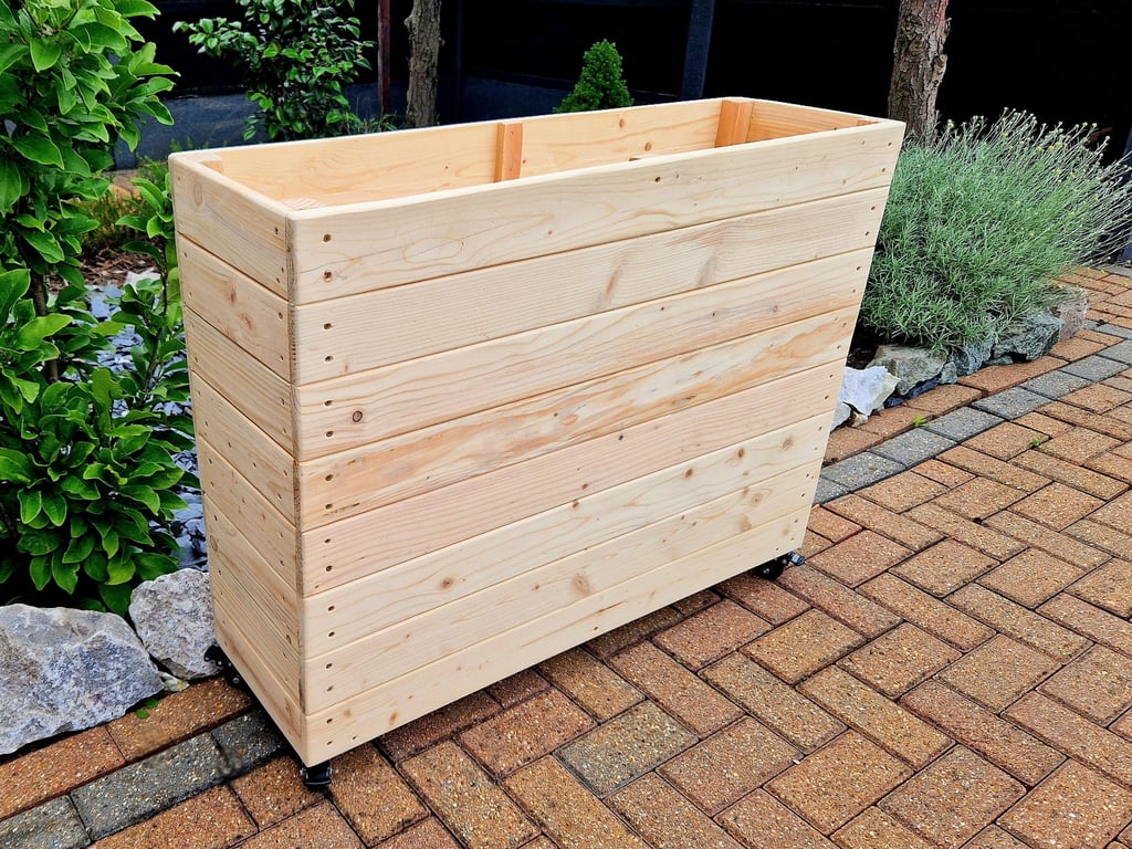 restaurant planter on wheels shallow bottom WOODEN OUTDOOR PLANTER GARDEN SOLID WOOD HANDMADE UK LONDON THROUGH tall large