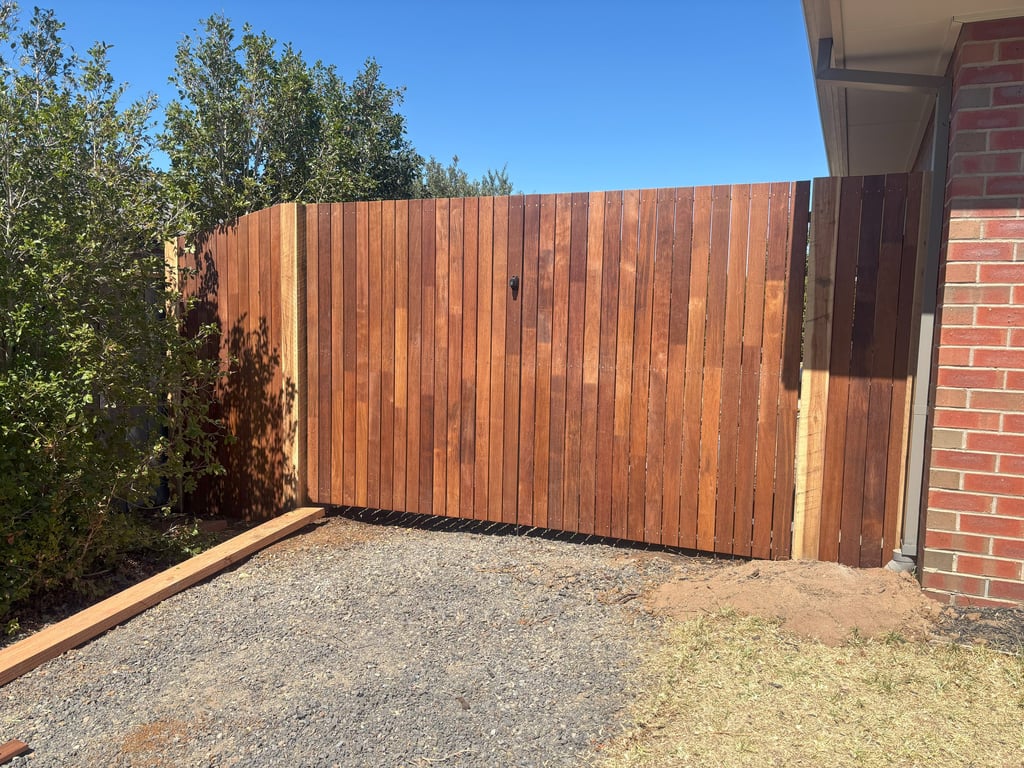 Double gate out for merbau by Dylan Ludbrook Carpentry in geelong