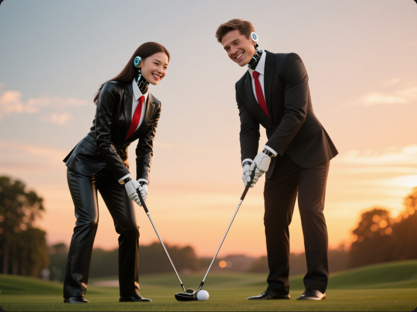 a man and woman playing golf in the sun