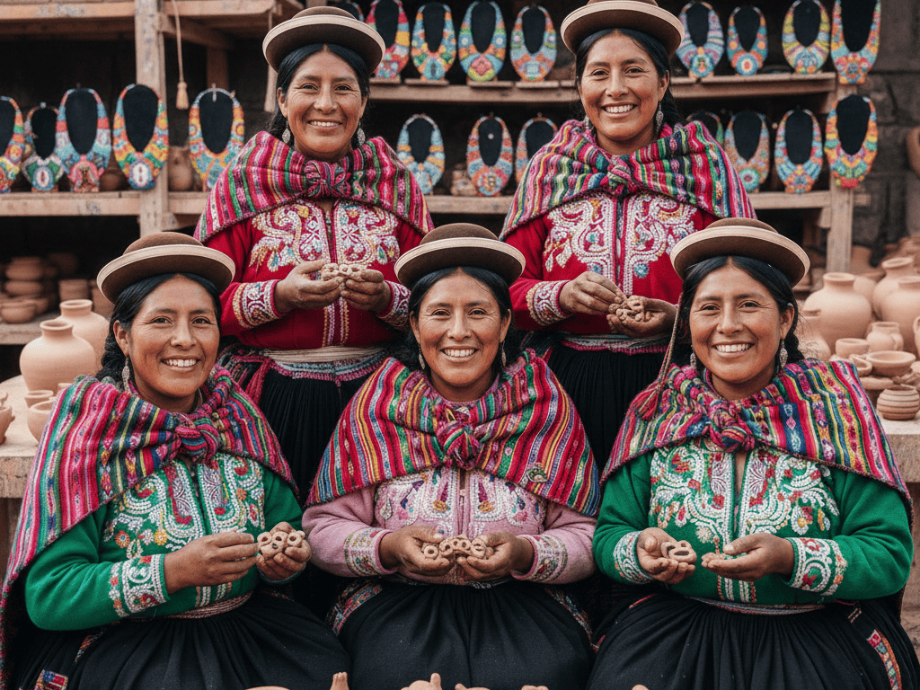 Mujeres Peruana, mostrando joyas a base de cerámica hechas a mano