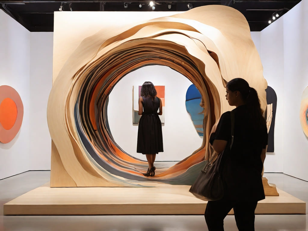 Pessoa observa instalação de arte em madeira esculpida em espiral, com outra pessoa dentro dela