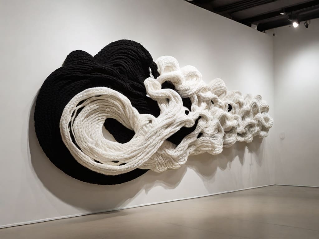 Escultura têxtil abstrata em preto e branco na parede de uma galeria.