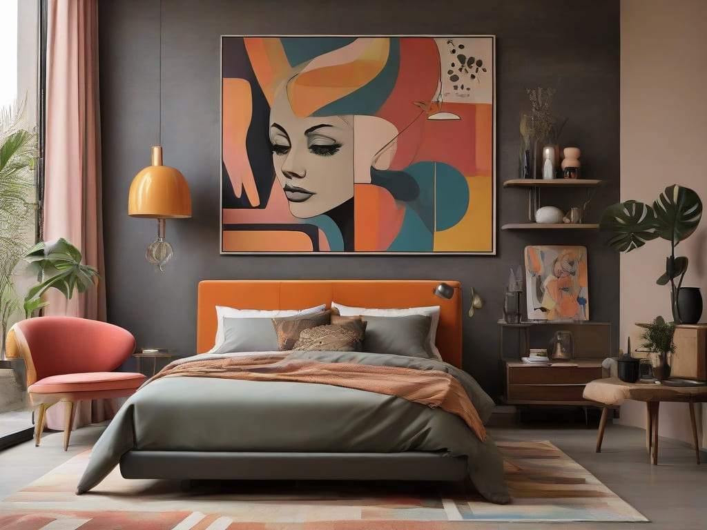 Quarto de casal, com decoração moderna.