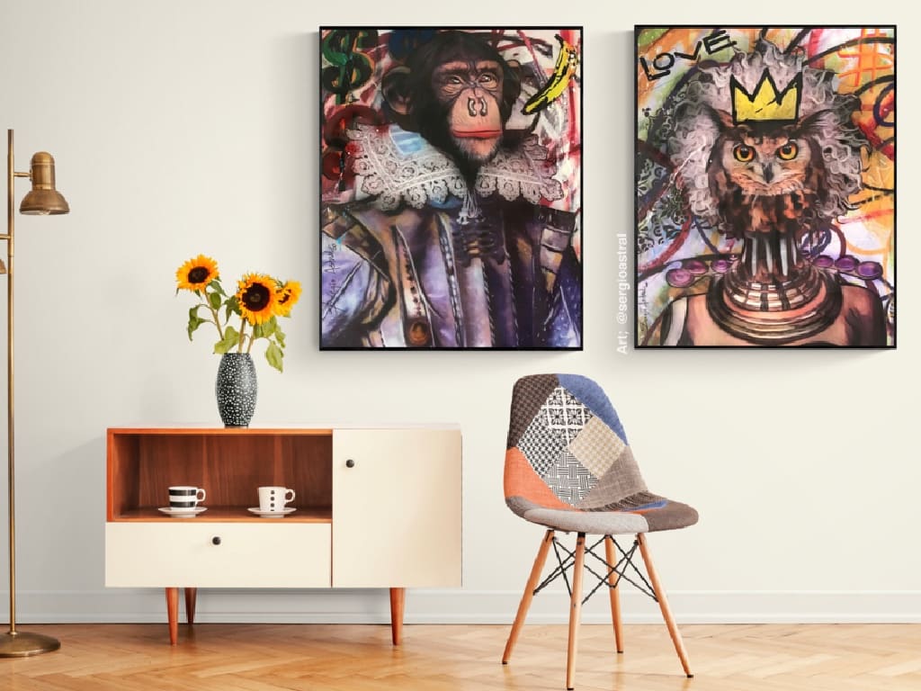 Arte pop de animais com traços marcantes e cores vivas.