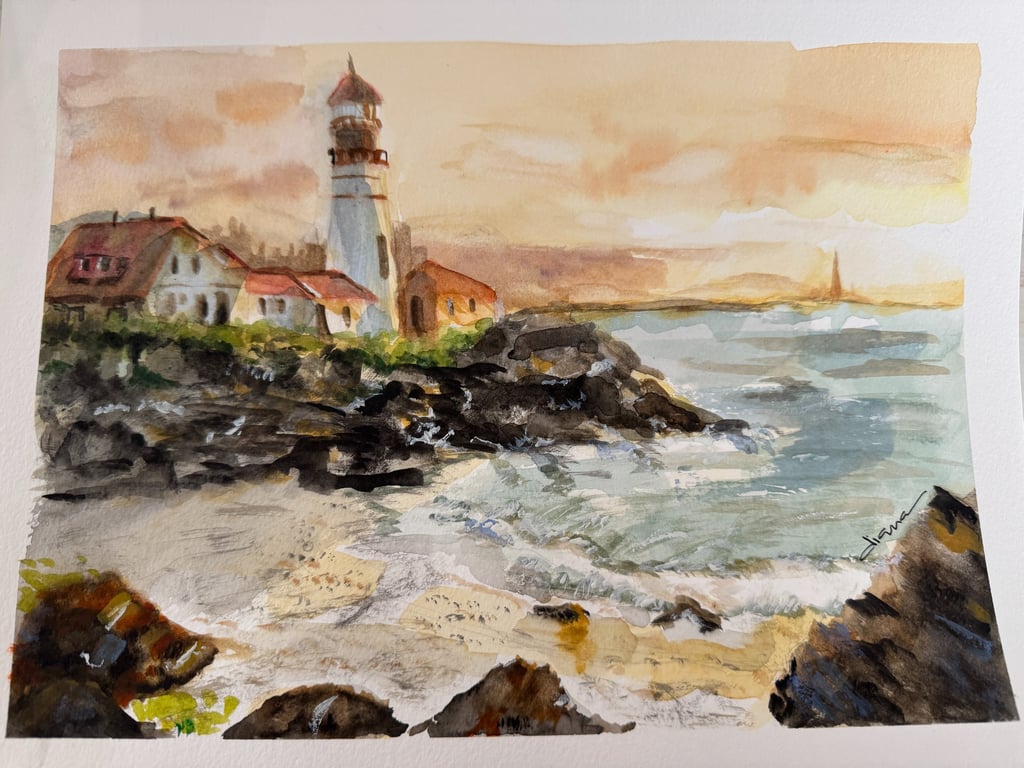 a painting of a lighthouse on a beach