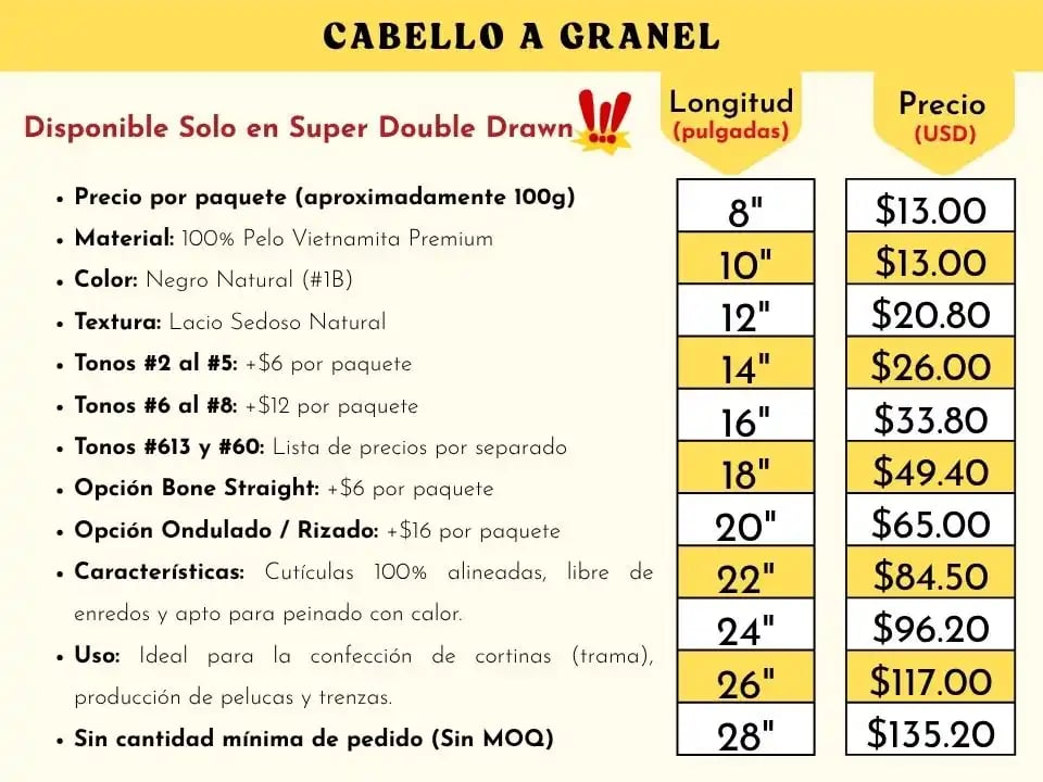 Lista de precios de cabello a granel de alta calidad en Vietsilkhair