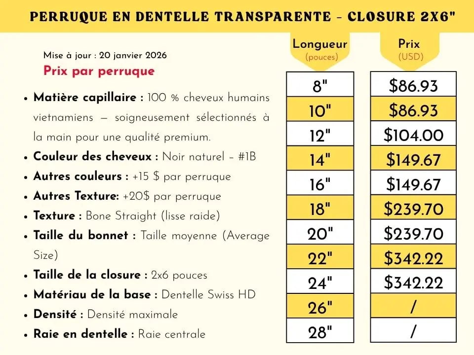 Perruque en dentelle Transparente Closure 2x6" price list