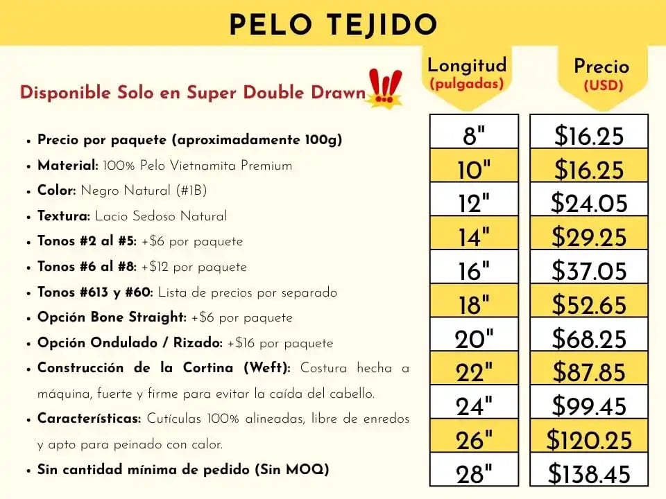 Tabla de precios de extensiones de cabello cosido (weft hair) 100% natural - Vietsilkhair