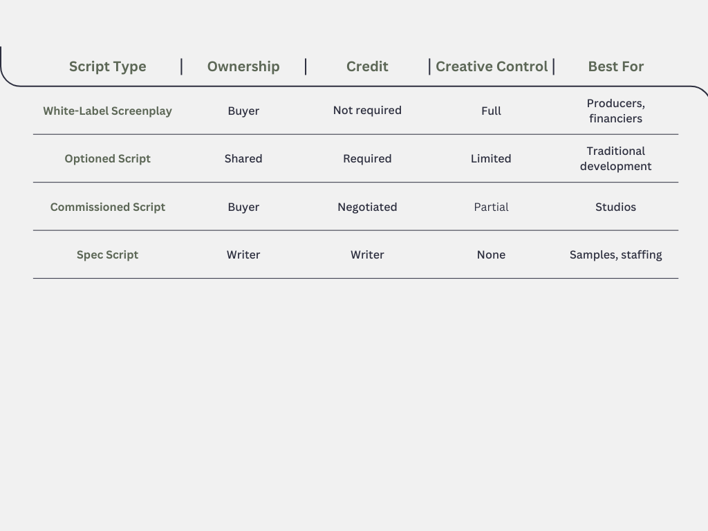 White-Label Screenplays vs. Other Script Types Table
