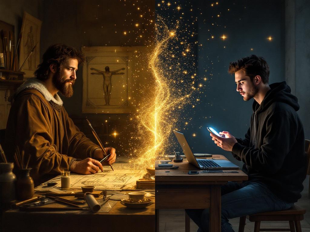 Leonardo da Vinci y persona moderna unidos por luz dorada que transforma herramientas en símbolos de IA