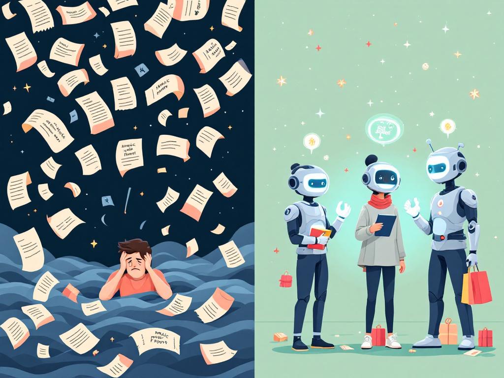 Ilustración comparativa: caos de prompts genéricos vs organización con agentes de IA personalizados