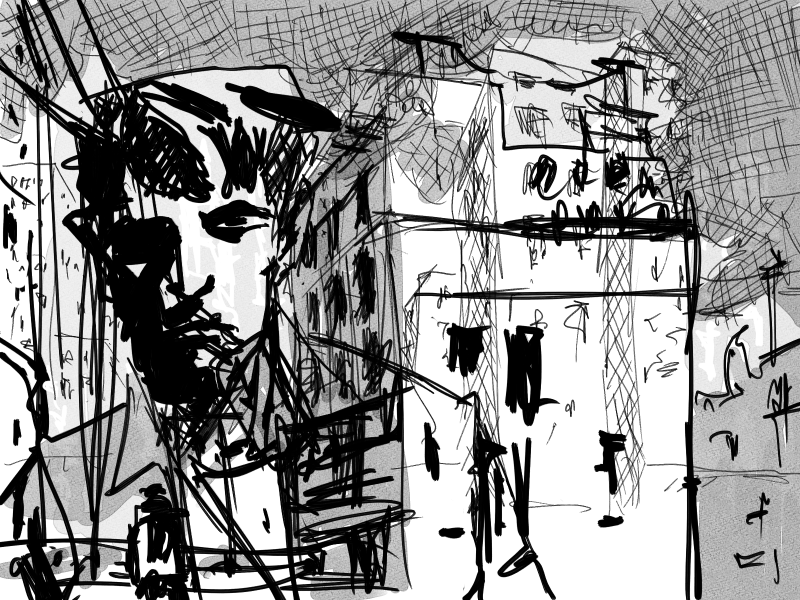 Man in a chaotic city scenery in graphic novel style - black ink with gray watercolour