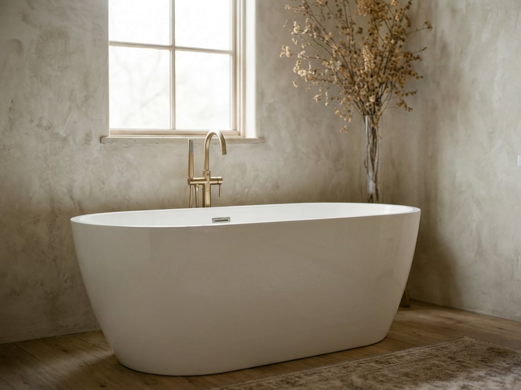Modern white freestanding bathtub with brushed gold faucet in a minimalist bathroom with plaster walls.