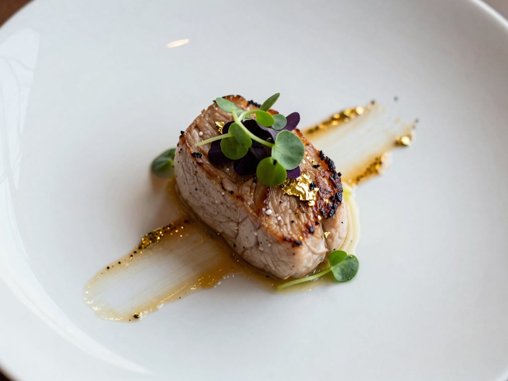 Extreme close-up of a fine dining main course—hand-painted sauce swipe on a matte white plate, perfectly centered protein, micro-greens and edible gold leaf accent, north-facing natural light