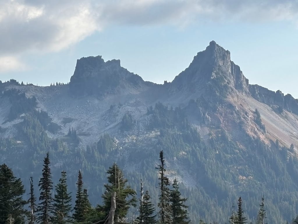 Rocky mountain peaks rise above a forested slope under a partly cloudy sky, offering inspiration for resilience building.