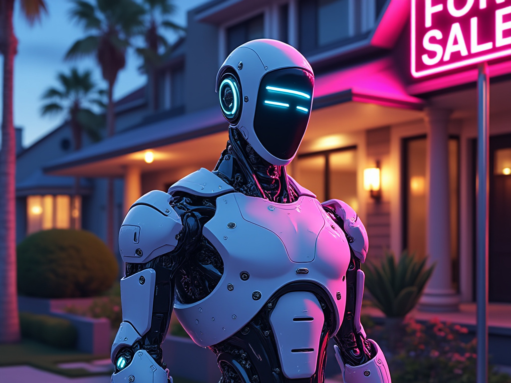 A Powerful Robot with neon lights standing next to a For Sale sign