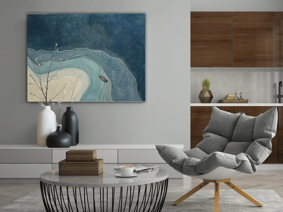 Minimalist Painting of top view of ocean with a still boat.