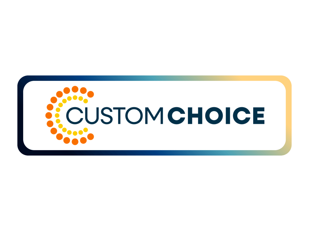 Custom Choice logo featuring orange dot patterns and professional blue typography.