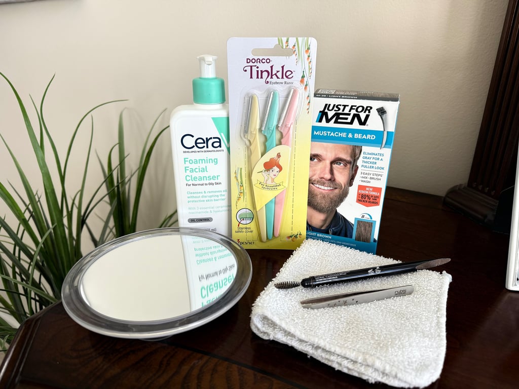 Tools for eyebrow tinting including cleanser, razors, tweezers, brush, mirror, wash cloth, and tint 