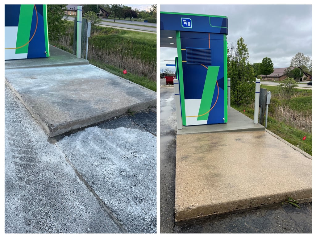 Before and after pressure washing a concrete pad at a commercial property