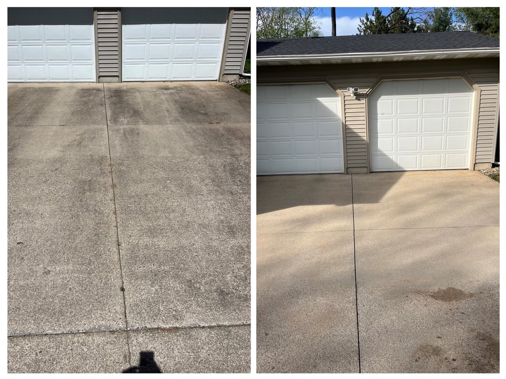 Before and after pressure washing a dirty concrete driveway