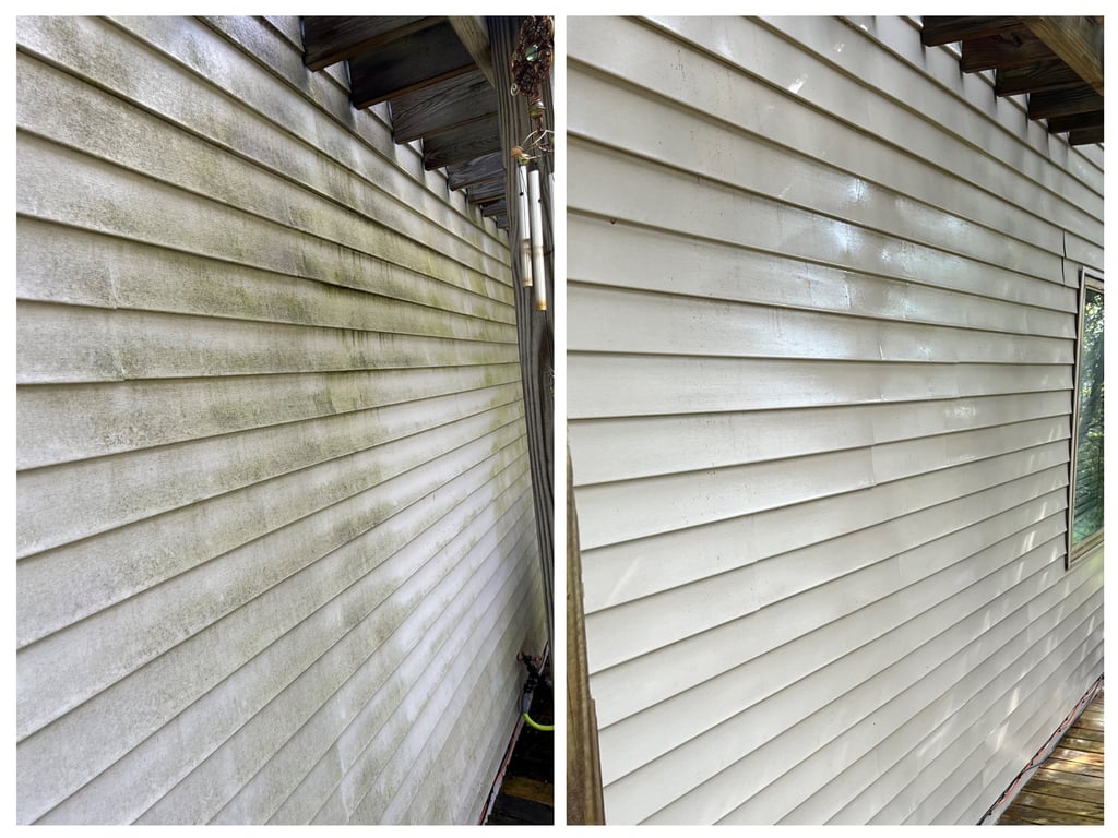 Before and after pressure washing vinyl house siding