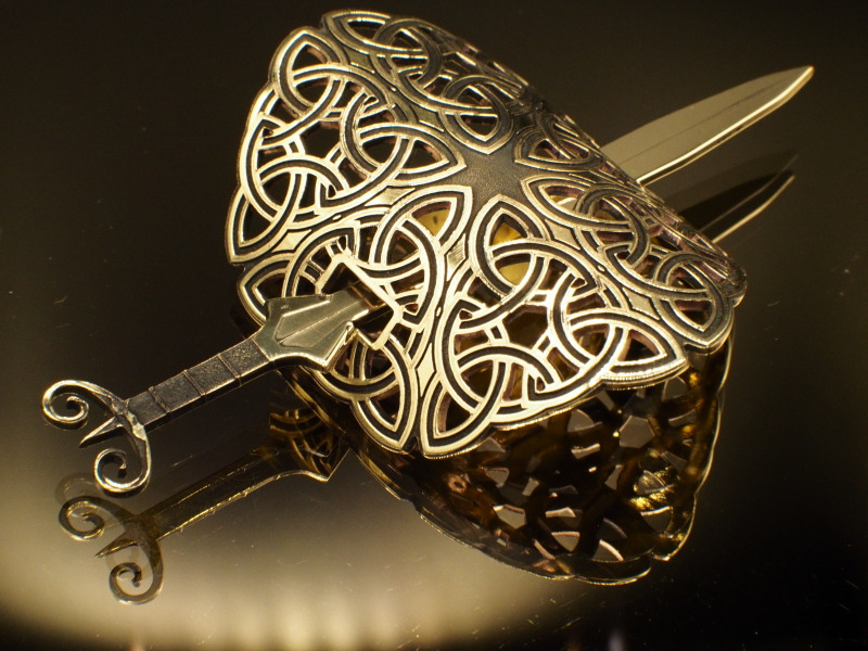 Celtic styled brass hairpin with short sword, custom jewelry laser cut