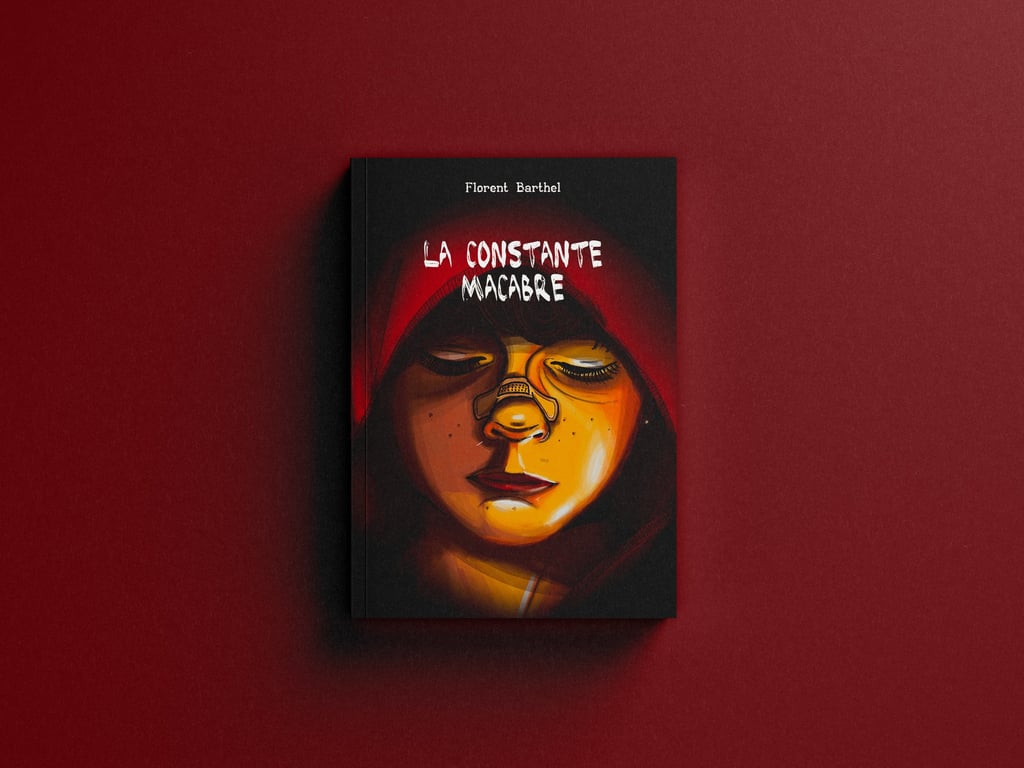 Mockup roman broché sur fond rouge La constante macabre - Florent Barthel, auteur.