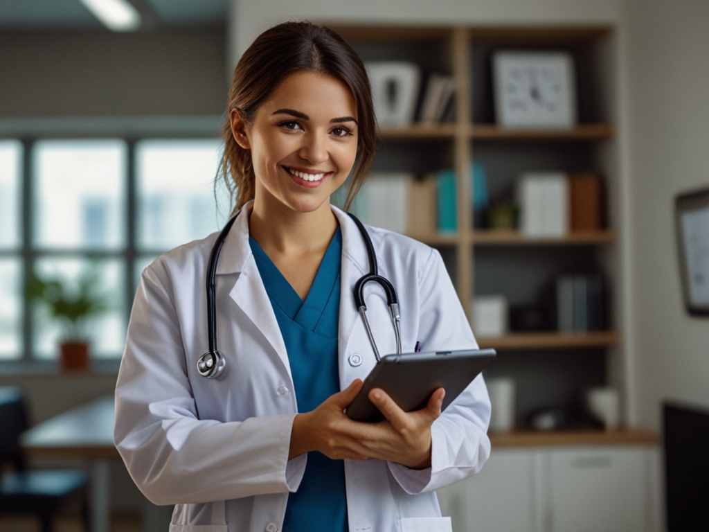 A smiling female doctor in a white lab coat using a digital tablet in a modern medical clinic.