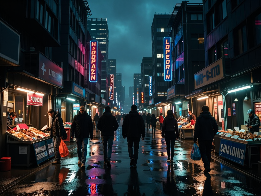 Image of a dystopian night city market.