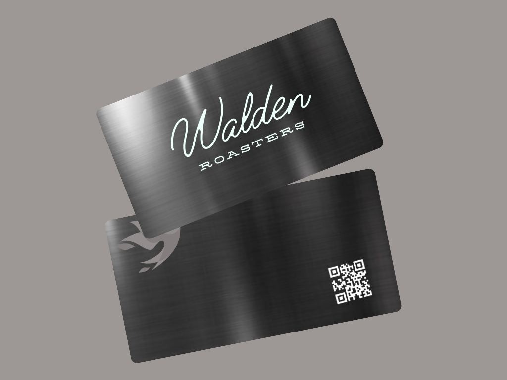 Silver Metal NFC with a QR code and have a text walden roasters on it