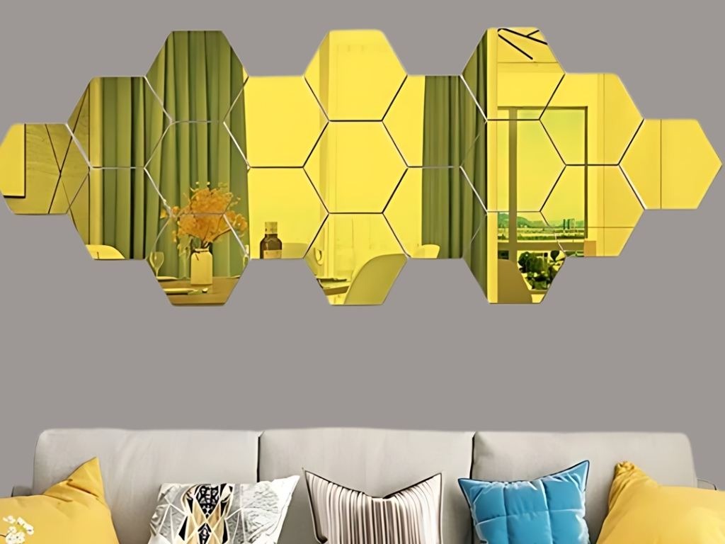 MIrror sign shapes like a hexagon. gold and assembled