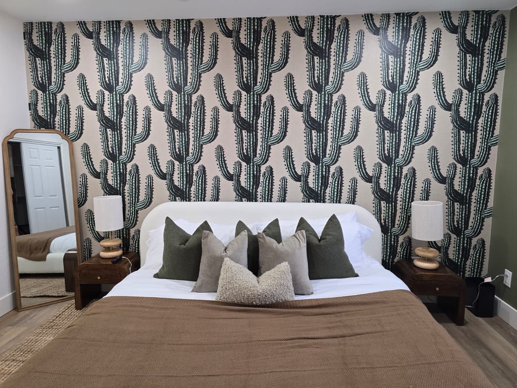 Scottsdale Airbnb interior with custom cactus wallpaper accent wall installation