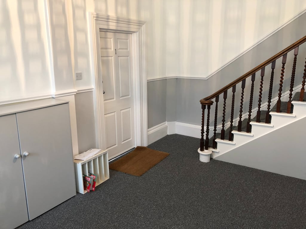 Hallway and staircase painting in Worthing Sussex, grey and white interior finish