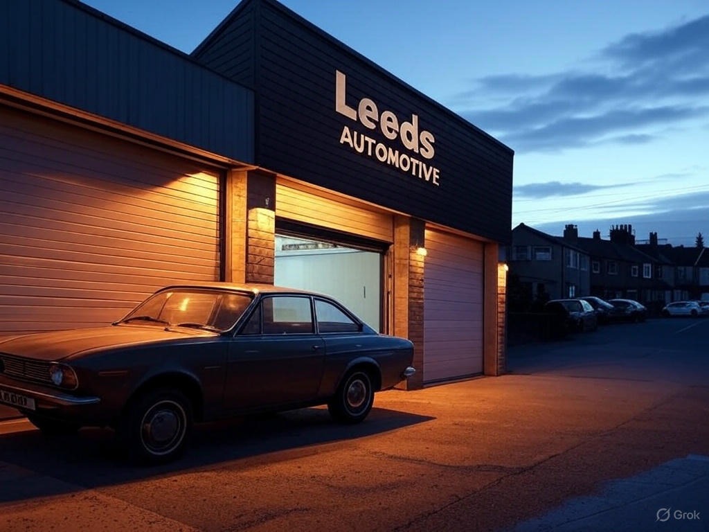 Leeds garage at dusk, ready for SEO success with local consultant.