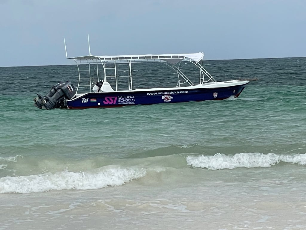 Scuba Schools International dive boat floating on turquoise ocean water near a sandy beach.