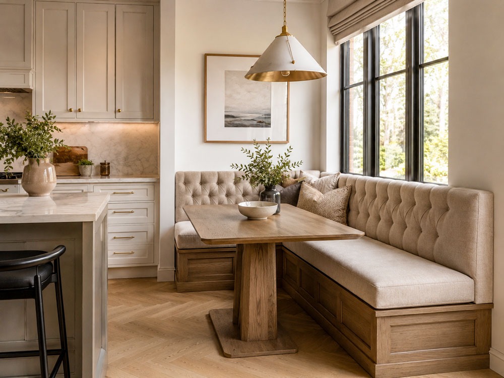 Custom L-shaped banquette in a kitchen dining nook with tufted upholstery and natural light.