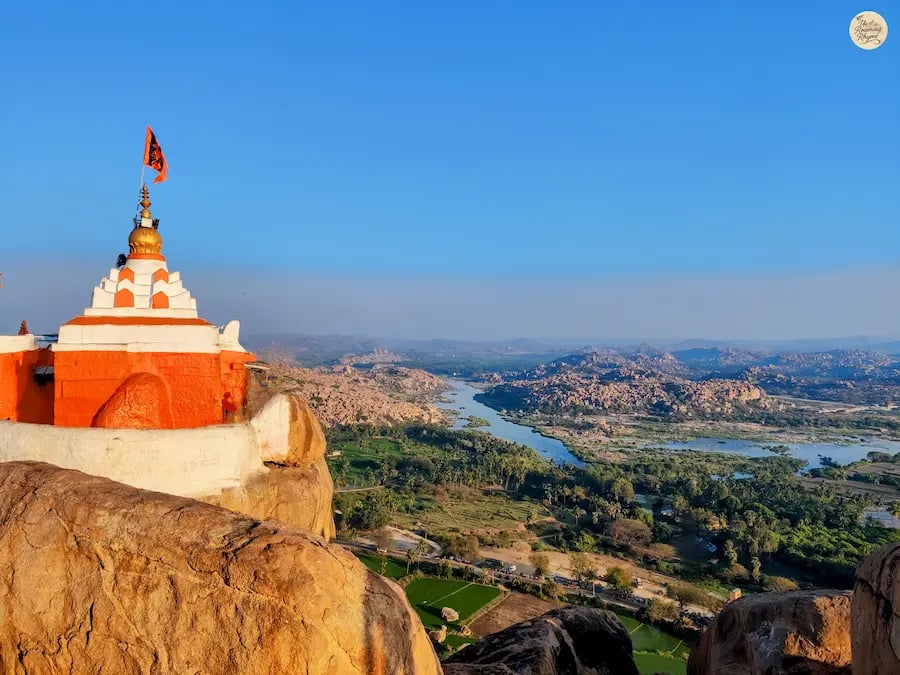Lord Hanuman Temple on Anjanadri Hill overlooking the Tungabhadra River and Hampi’s boulder-strewn landscape.